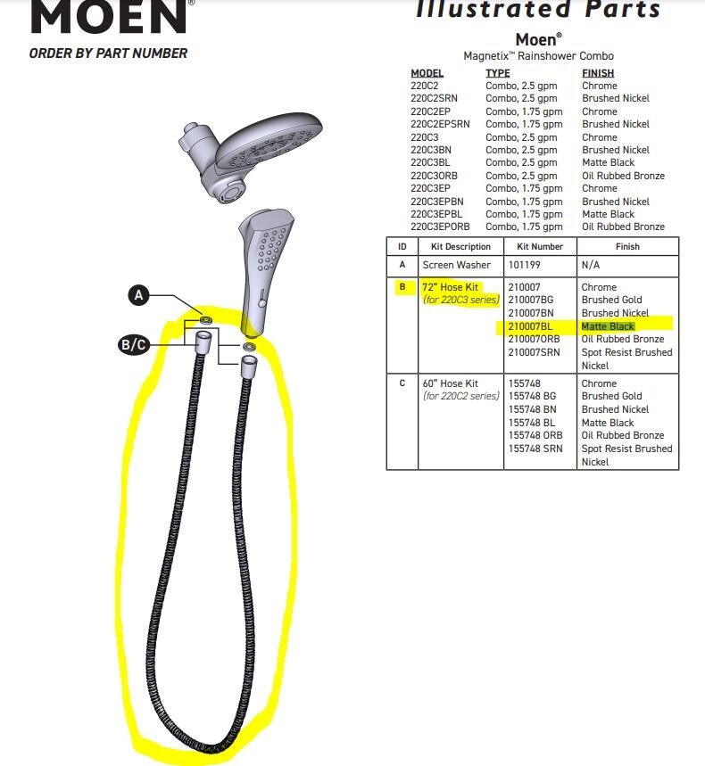 Moen 210007BL 72” Hose Kit For Handheld Shower head combo In Matte Black Finish