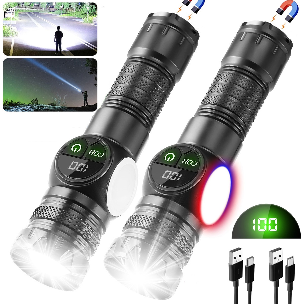 2x Super Bright LED Flashlight Rechargeable Tactical Flashlights LED Work Lights