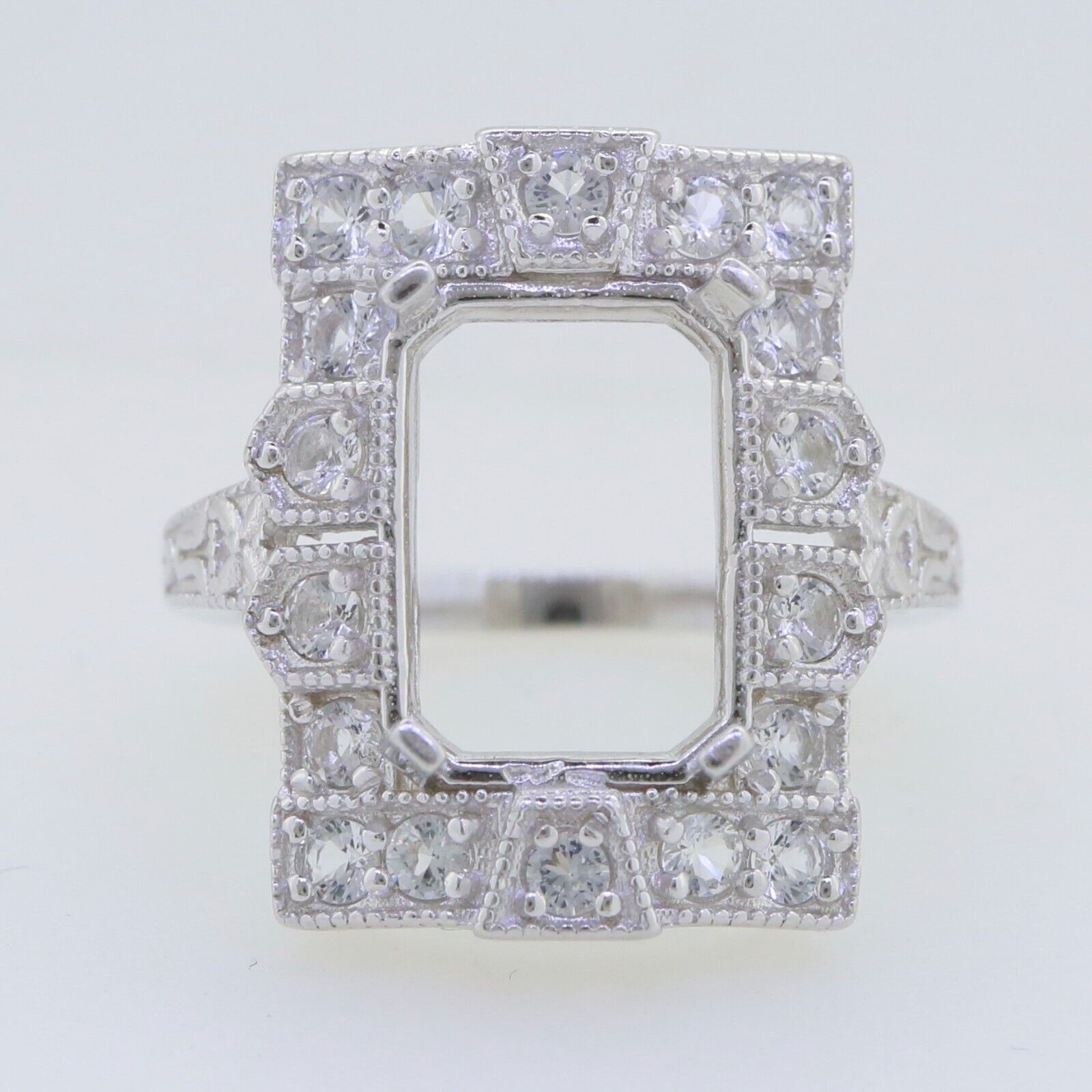 Sterling Silver Semi Mount Ring Setting Emerald OCT 14x10mm Art Deco Style L777R