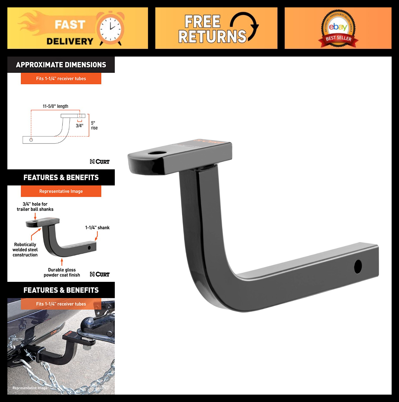 Class II 1-1/4" Ball Mount for Towing, Heavy-Duty Trailer Hitch Accessory