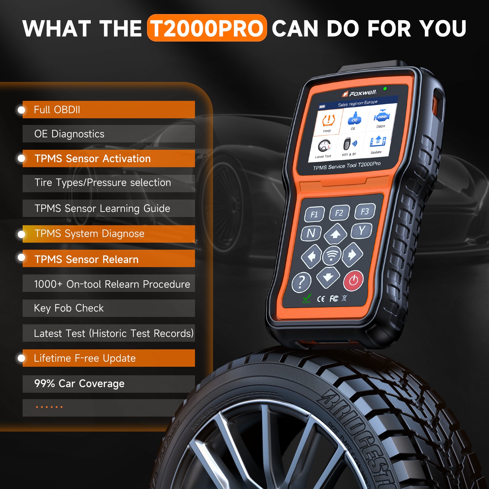 FOXWELL T2000 PRO Tire Pressure TPMS Relearn Activate Sensors Programming Tool
