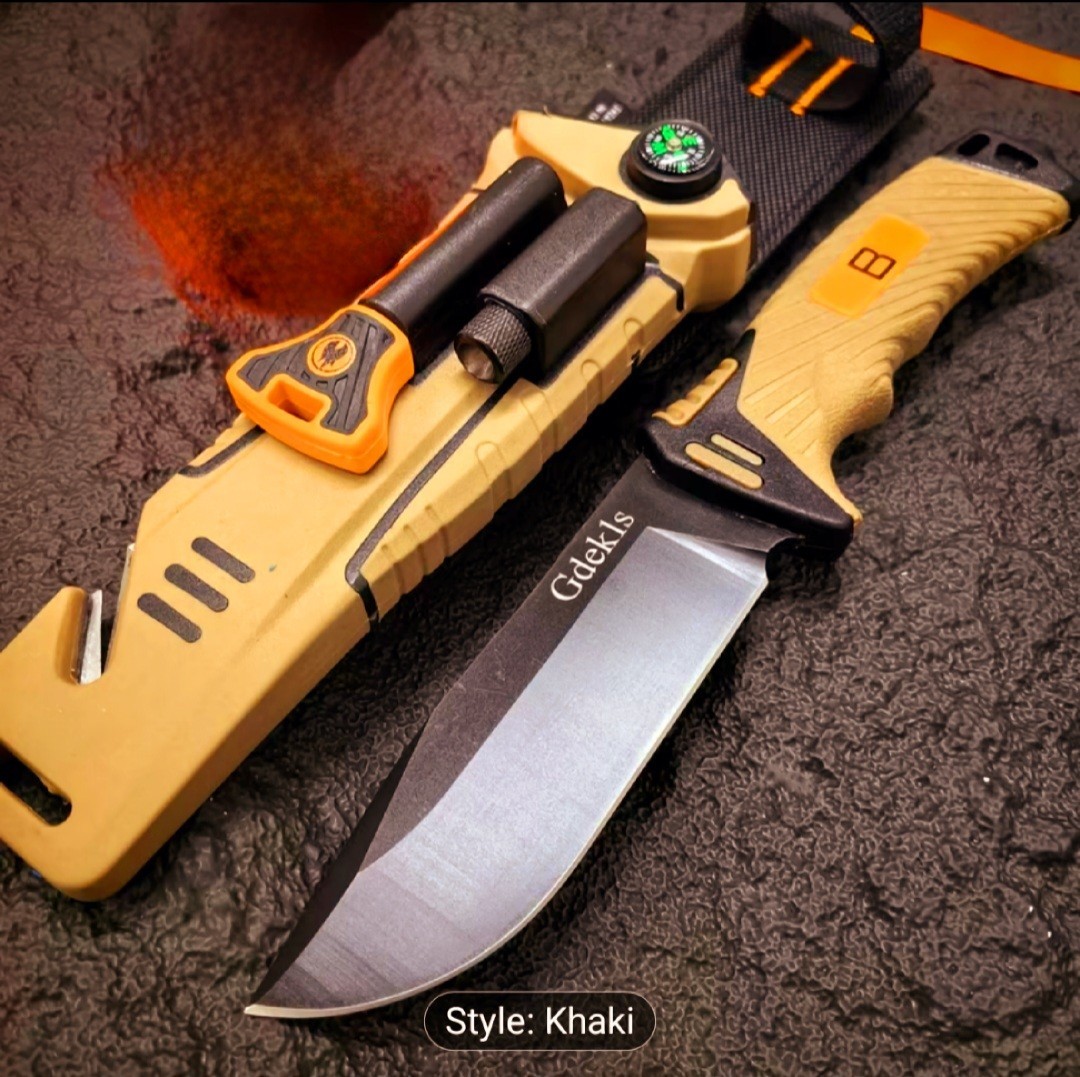 Gdekls Survival Knife 10.5cm Khaki /Sheath Fire Starter Compass Knife Sharpener