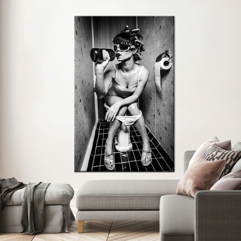 Girl on Toilet Drinking and Smoking Prints, Girl on Toilet, Girl on Toilet Drink