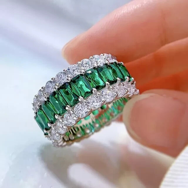 14K White Gold Plated 3 CT Lab Created Green Emerald Full Eternity Wedding Band