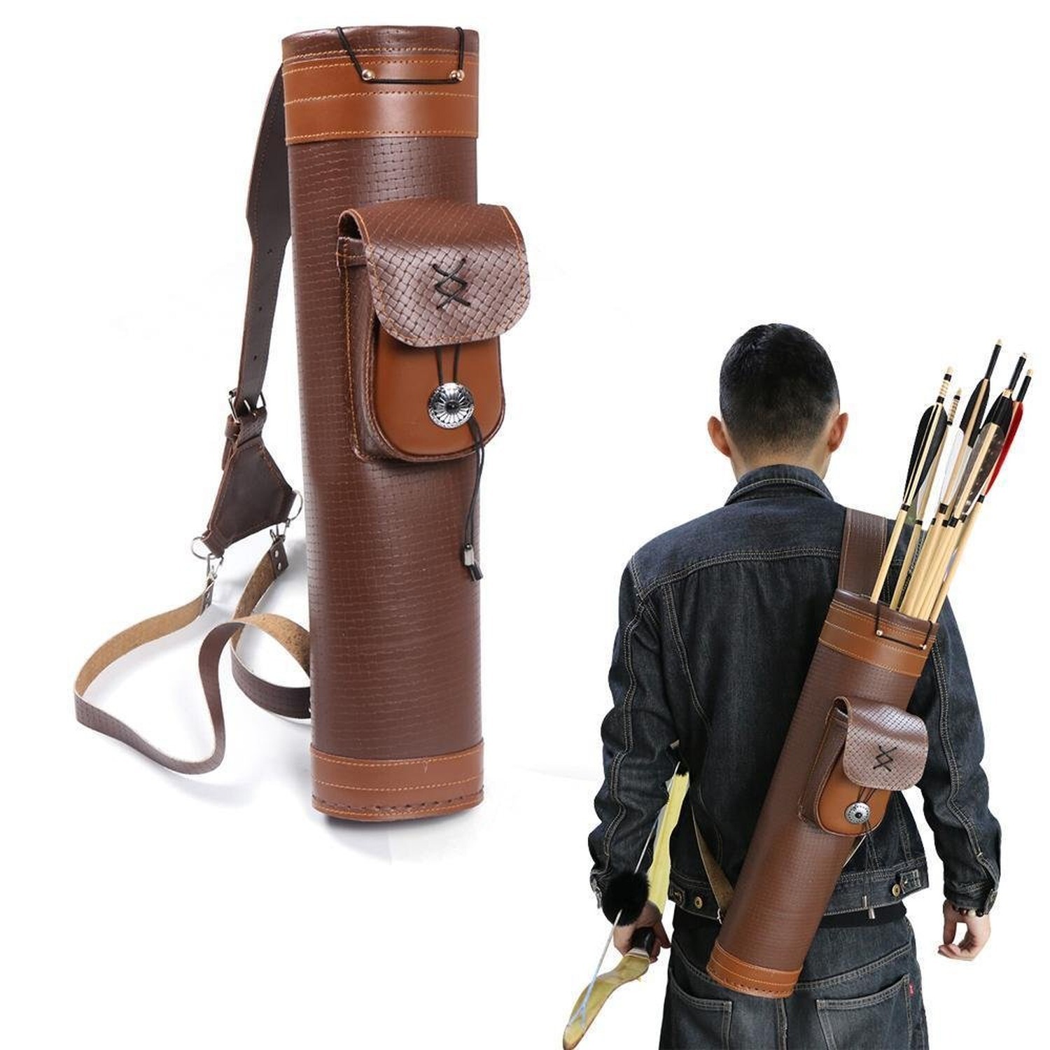 TOPARCHERY Traditional Shoulder Back Quiver Bow Leather Arrow Holder with Lar...