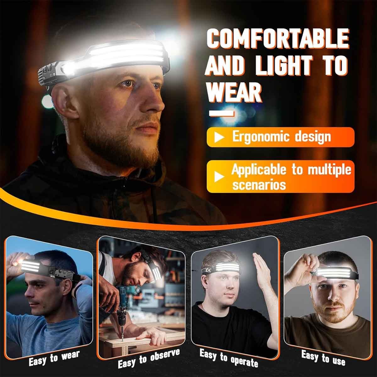 COB LED Rechargeable Headlamp Motion Sensor 230° Waterproof Camping Head Light