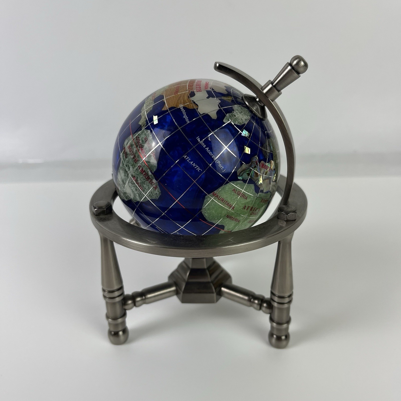 Desktop Mini World Globe Semi Precious Inlay Gemstones Countries 4" Metal Frame