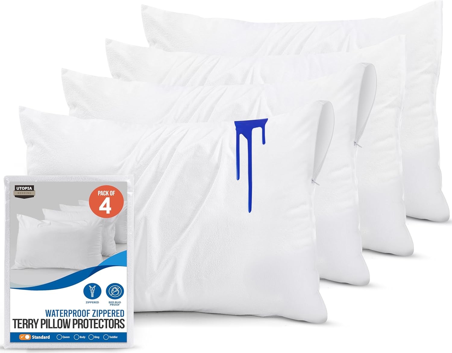 Waterproof Pillow Protectors with Zipper Standard Size (4 Pack)