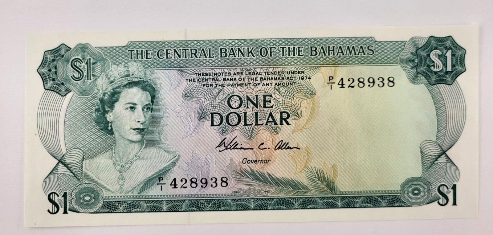 Bahamas One Dollar Banknote 1974 P35b UNC; Wm C Allen Signature - Beautiful note