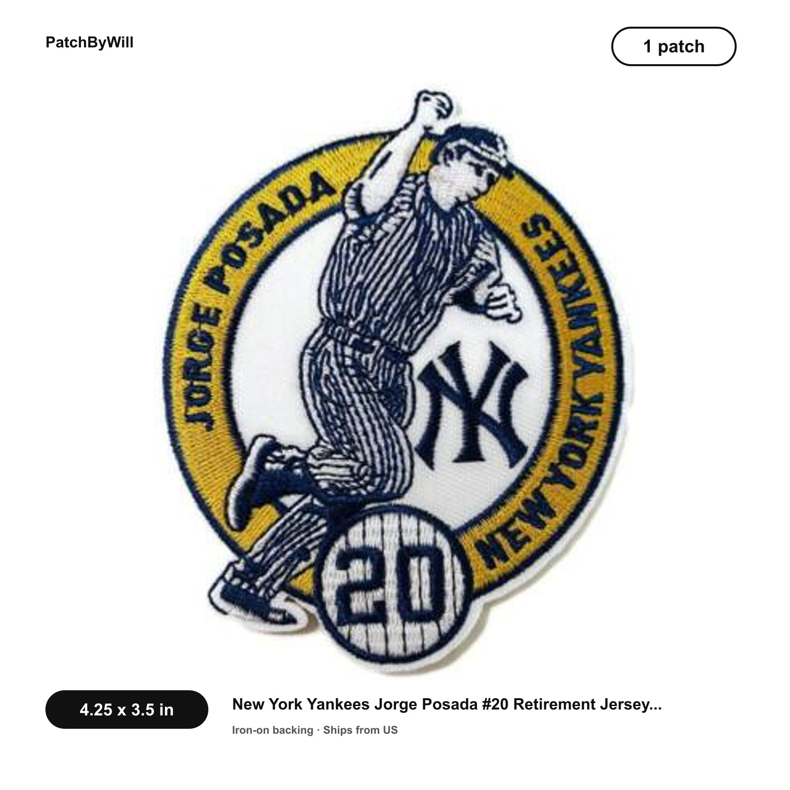 New York Yankees Jorge Posada #20 Retirement Jersey Iron on Patch - 4.25" x 3.5"
