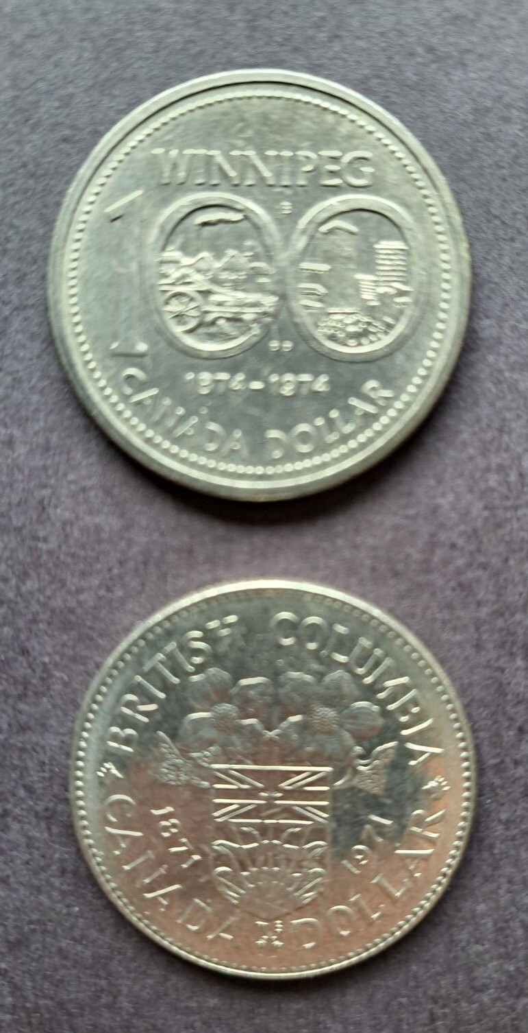 1971 + 1974 dollars  BC + Winipeg Canada commemoratives   uncirculated, $1 coins