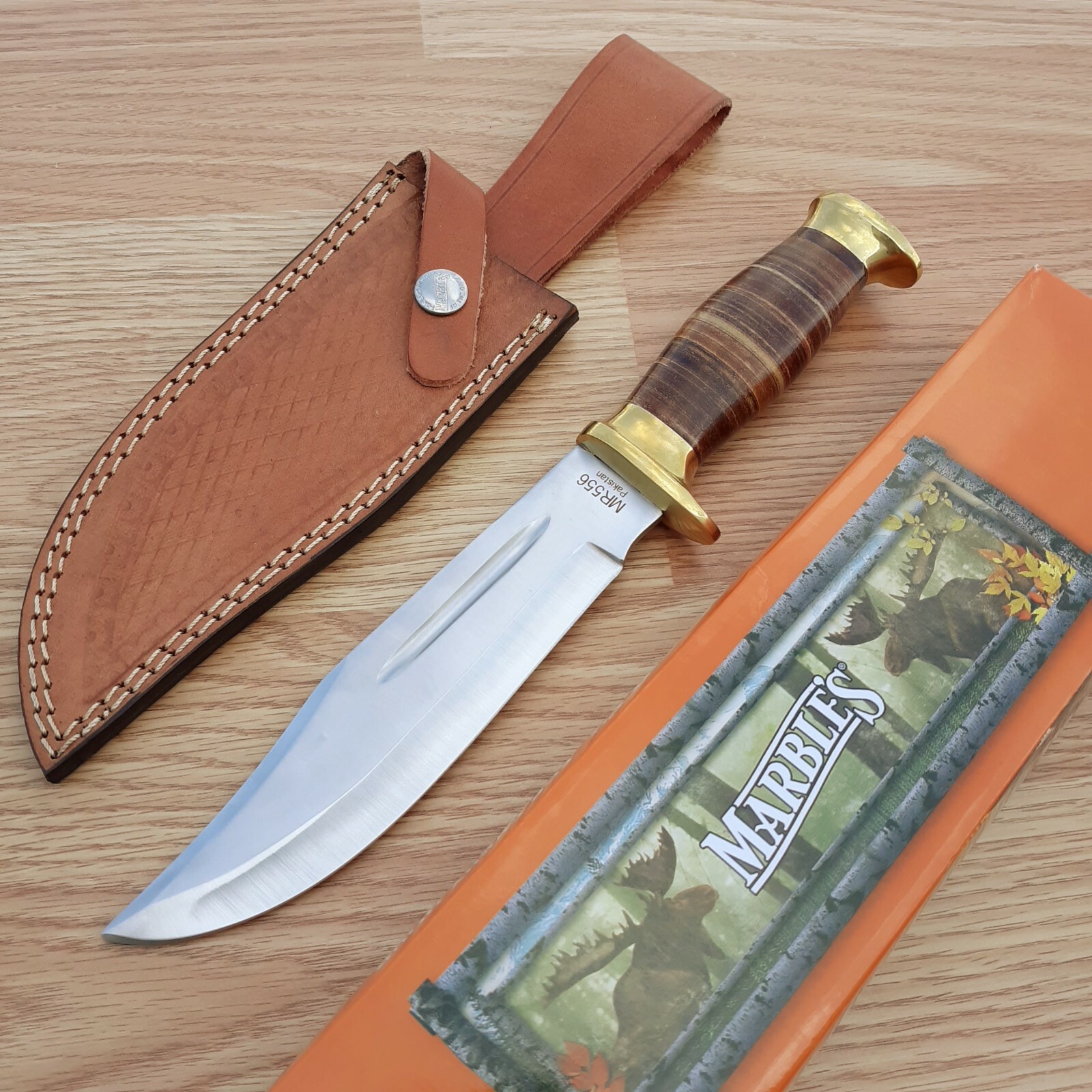 Marbles Bowie Knife 7" Stainless Clip Point Blade Stacked Leather Handle wSheath