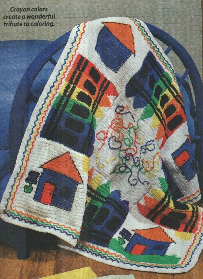 COLORING AFGHAN CRAYONS HOME DECOR CROCHET PATTERN INSTRUCTIONS