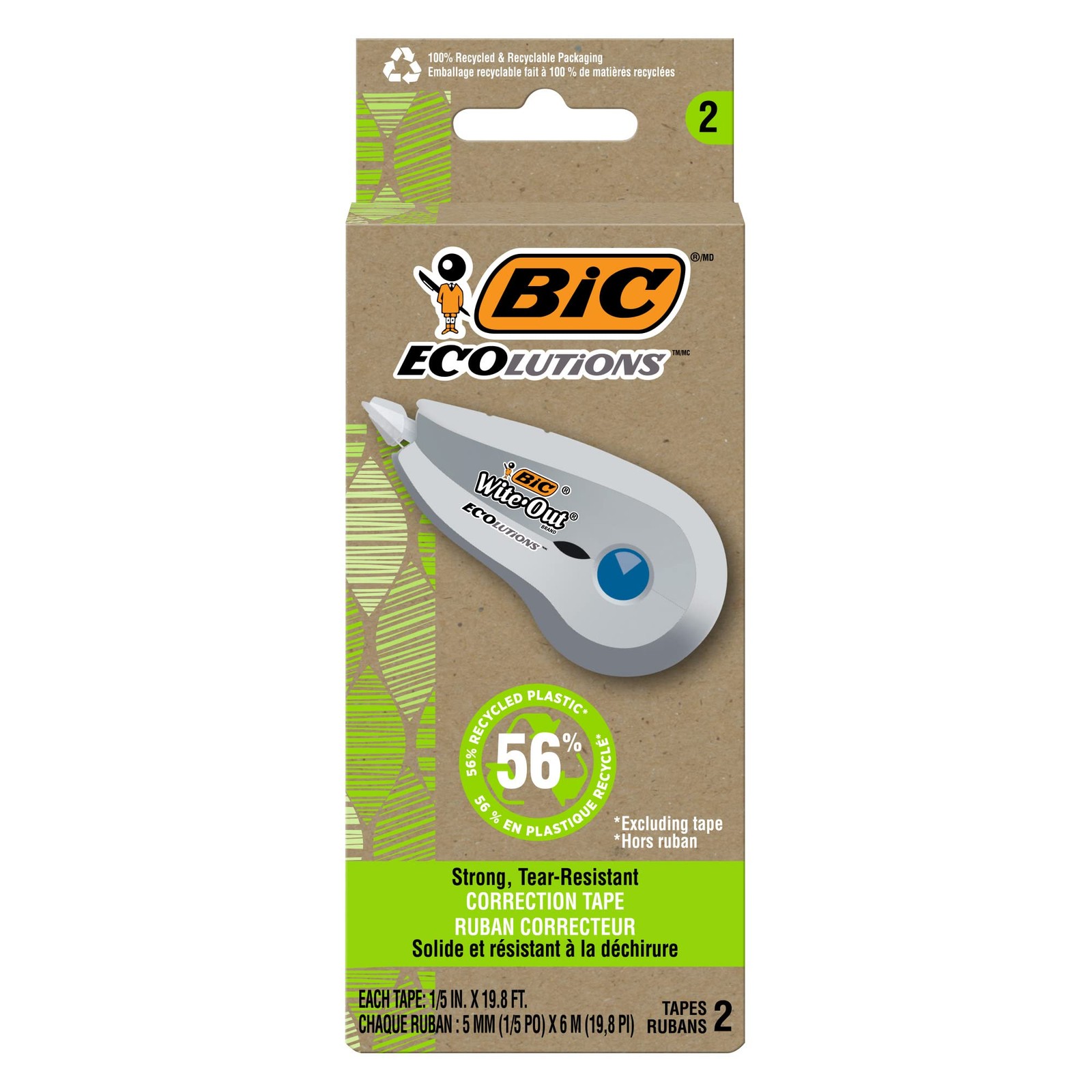 BIC Ecolutions Wite-Out Brand Correction Tape, 1 Count (Pack of 2), White