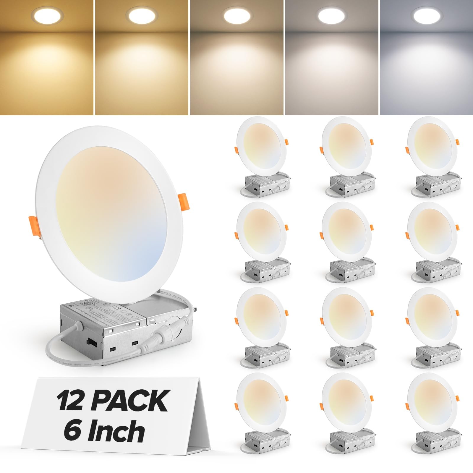 MAILCOS 12 Pack 6 Inch 5CCT Ultra-Thin LED 6 Inch-12 Pack, White-5CCT