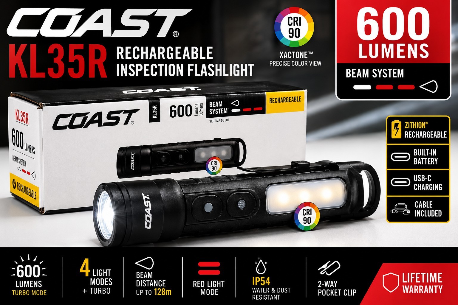 COAST KL35R Rechargeable Inspection Flashlight 600 Lumen USB-C LED Work Light
