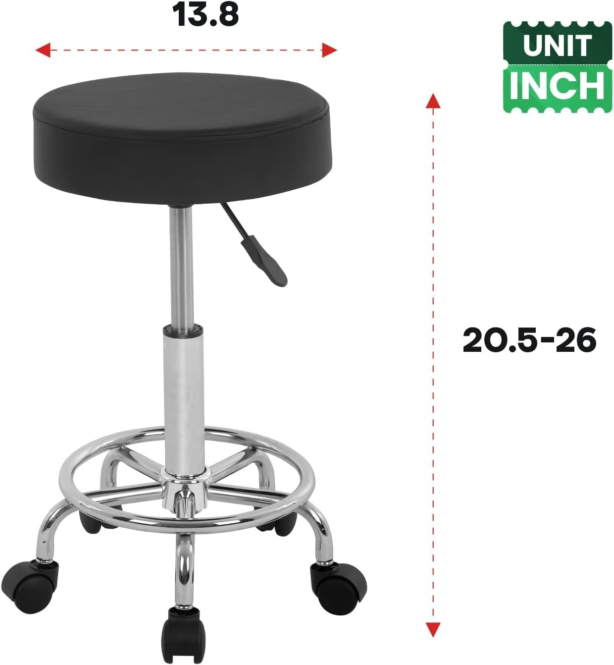 Round Rolling Stool with Adjustable Height and Wheels PU Cushion for Massage Spa