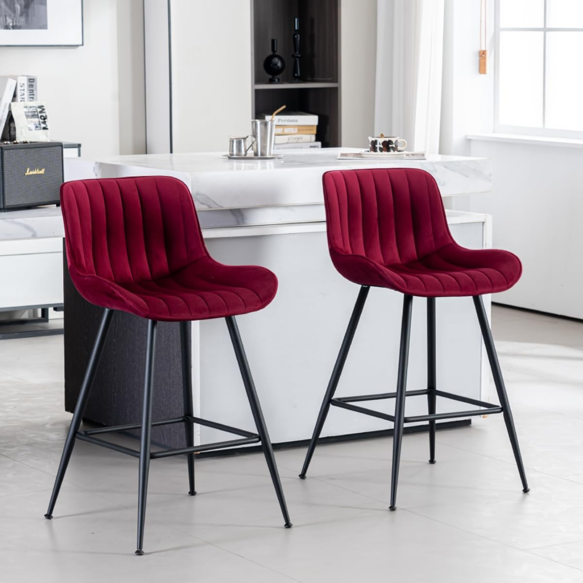 Bar Stools Set of 2 with Velvet Upholstery, Burgundy | Luxury Counter Height Bar