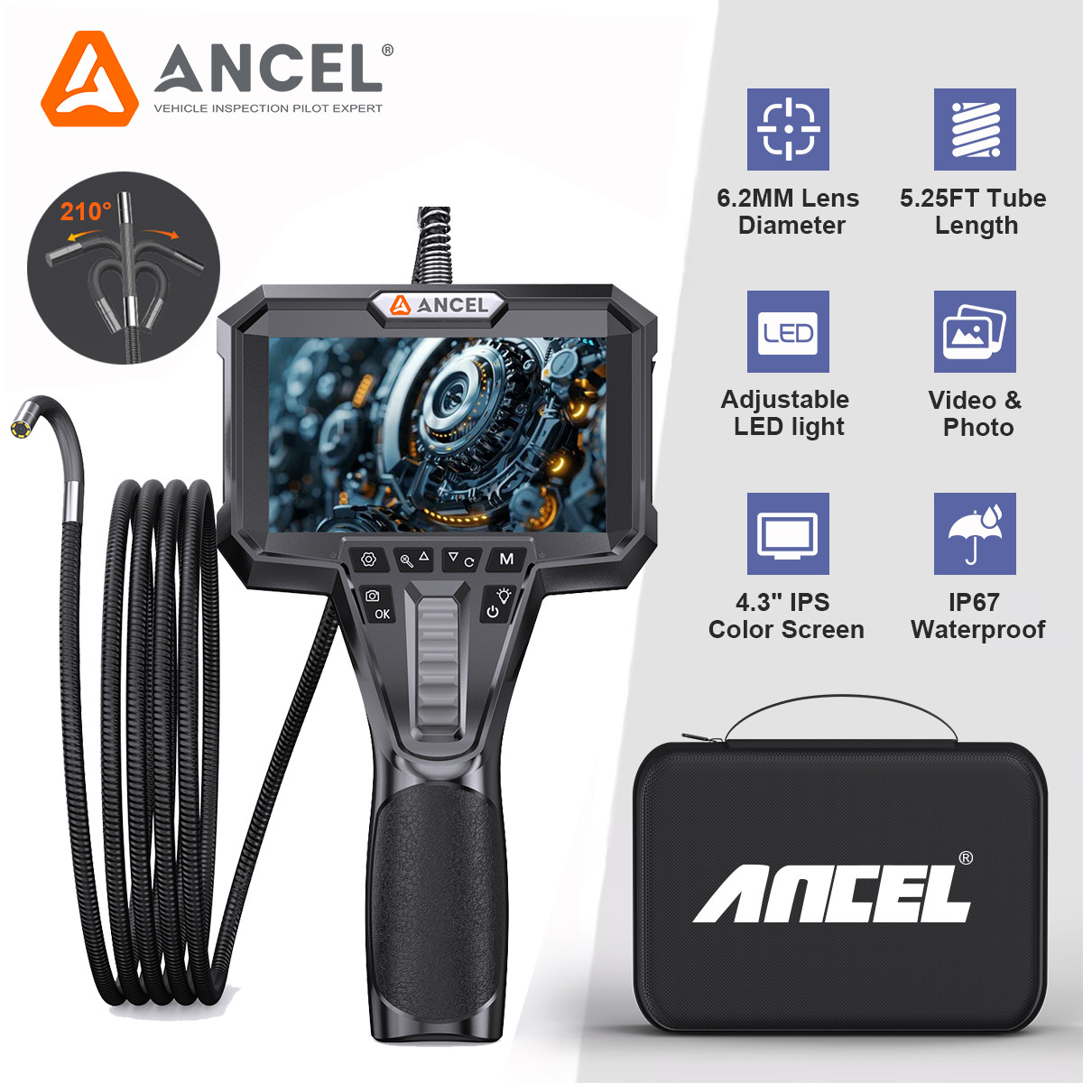 ANCEL AN301 6.2mm, 210° Articulating Lens with Endoscope Inspection Tool
