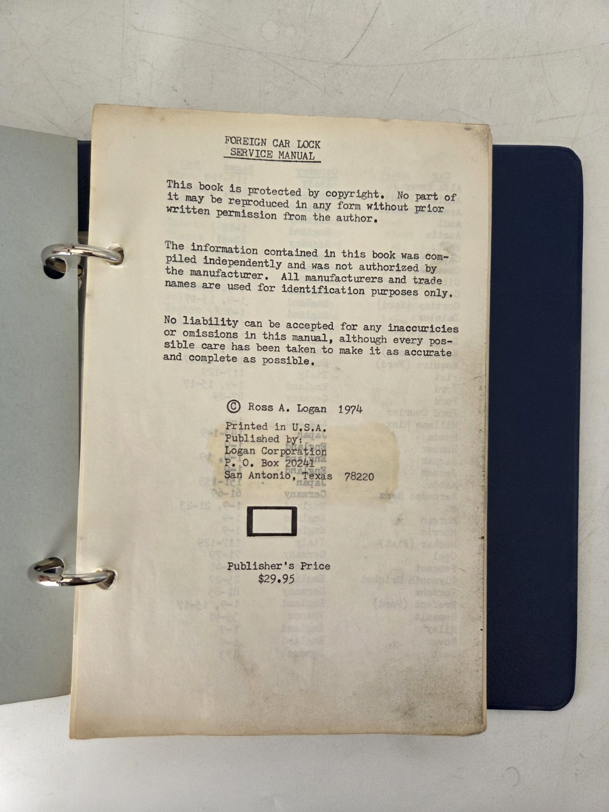 Vintage Foreign Car Lock Service Manual 1974