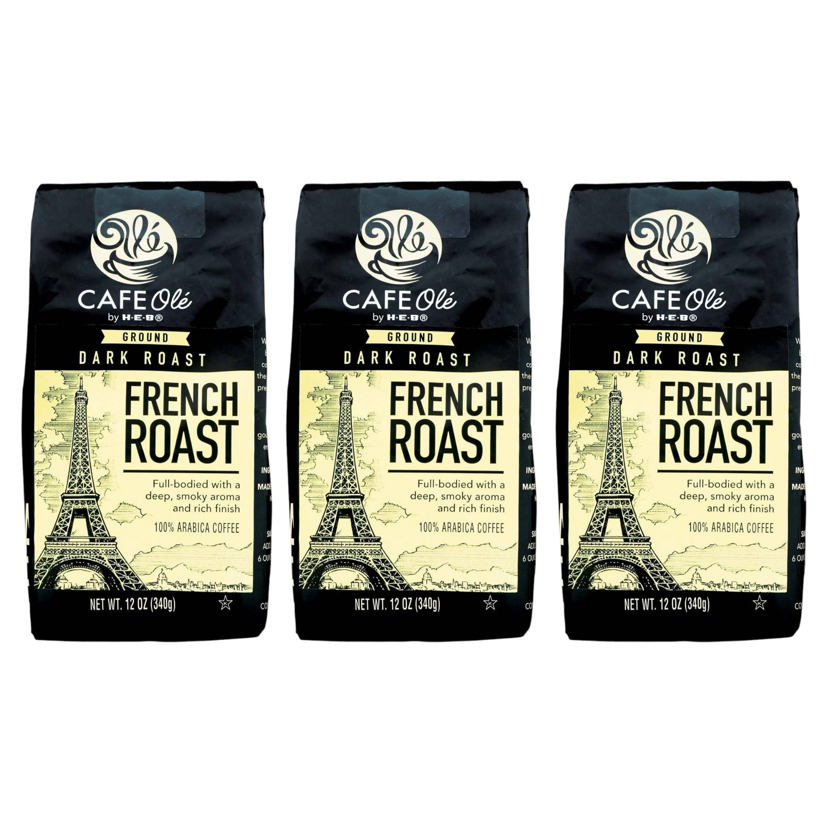 CAFE Ole French Roast Ground Coffee, Dark Roast, 12 oz, by H-E-B (Pack of 3)