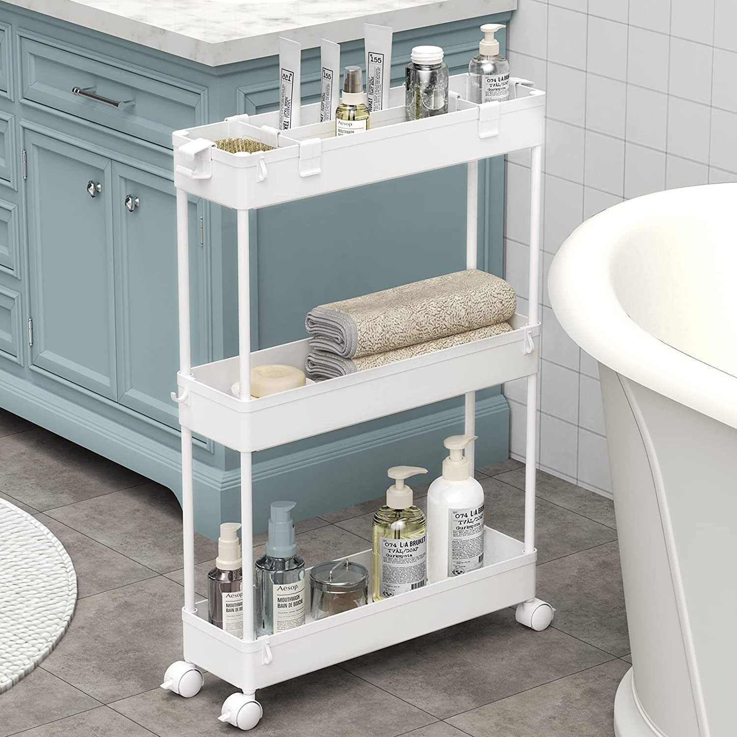 Slim Rolling Storage Cart 3 Tier Bathroom Organizer Narrow Kitchen Laundry White