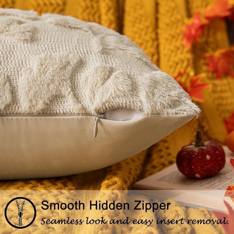 Embroidered Ginkgo Leaf Faux Fur Pillow Covers Set Soft Washable Decor New