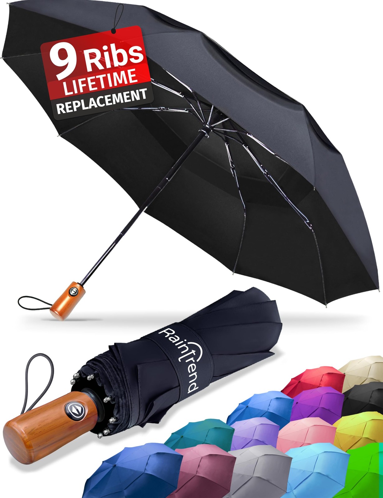 Raintrend Premium Umbrellas for Rain Double Canopy, 9 ribs, A Black&Brown