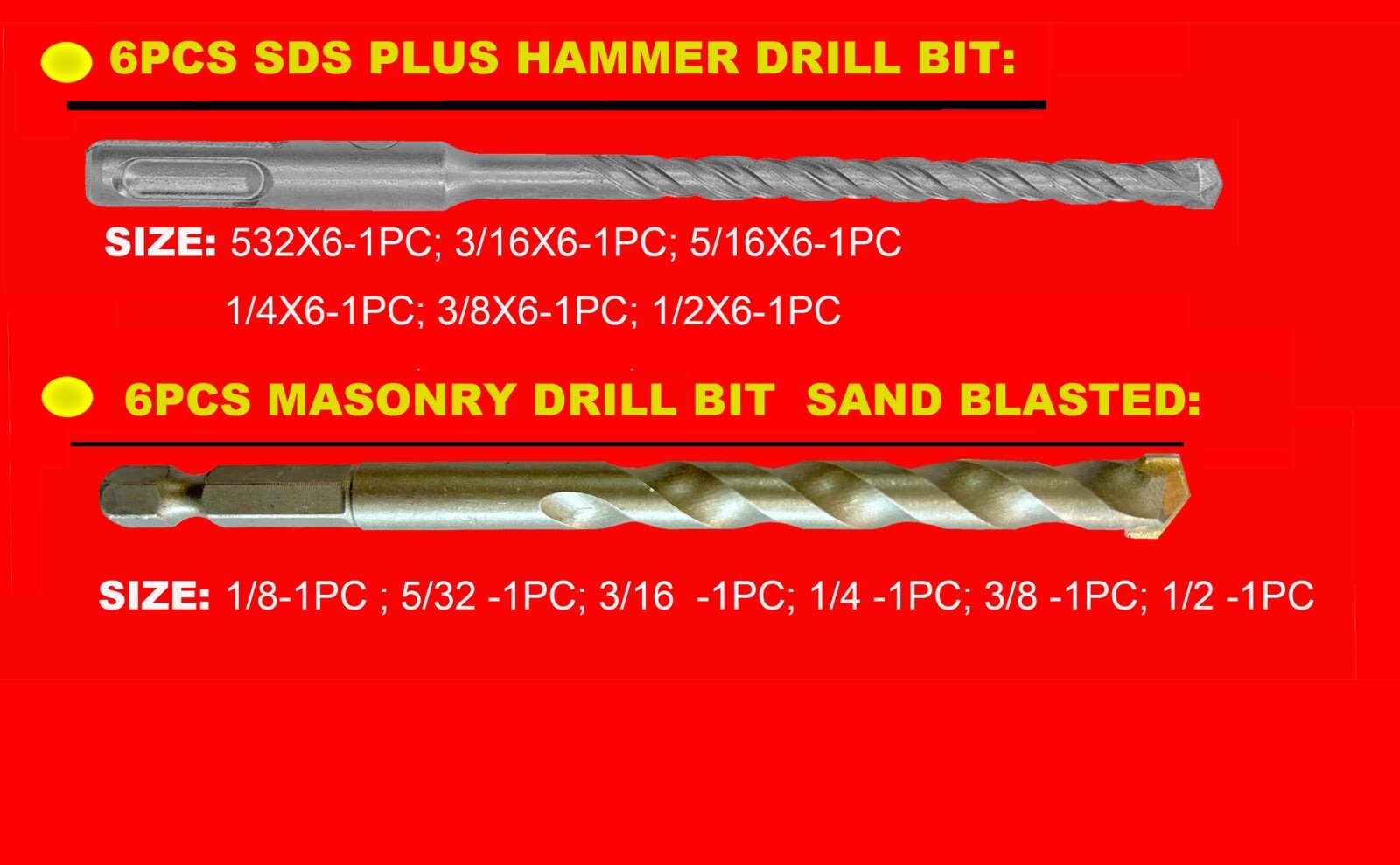 12PCS SDS Plus Hammer Drill Bit and Masonry Drill Bit for Bricks Stone Concrete