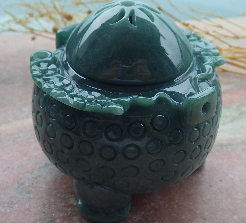 Certified Green A Jade jadeite Display Flower Xiangfen Pot Snuff Bottle 639655