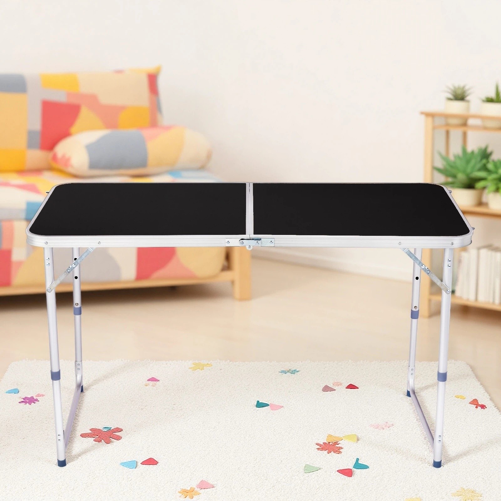 Folding Camping Table 4ft - Adjustable Patio Aluminum Frame Outdoor Picnic Black