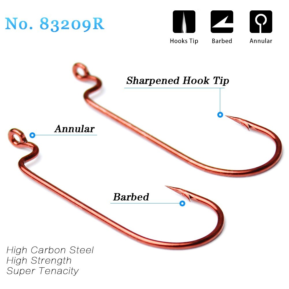 50pcs Narrow Crank Soft Worm Lure Fishing Hooks High Carbon Steel Red 6#-5/0#