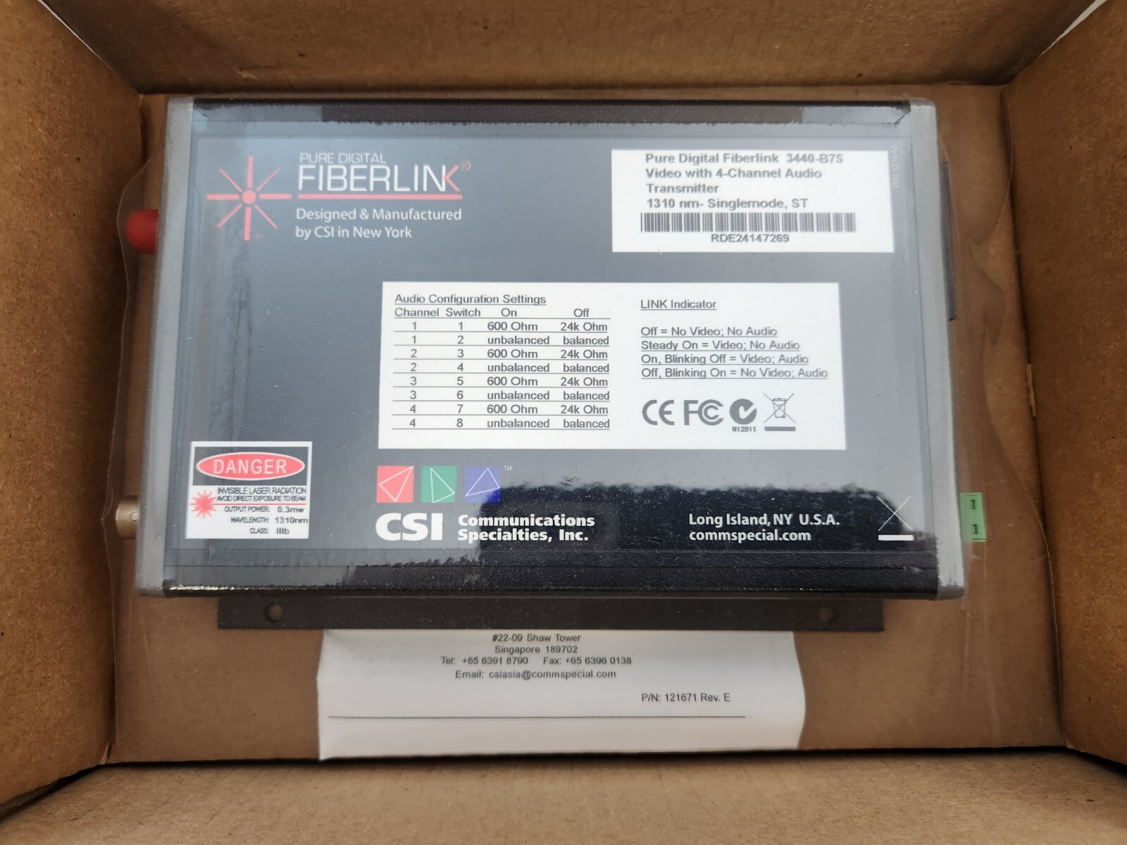 FIBERLINK Model 3440-B7S CSI PURE DIGITAL 1310nm 4 Channel Video  Transmitter