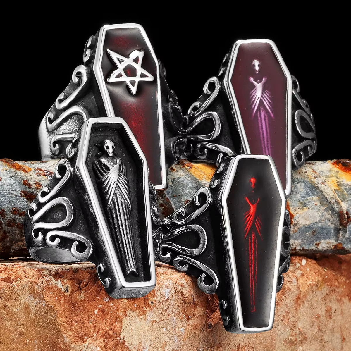 Gothic Mummy Vampire Coffin Men’s Rings Stainless Steel Retro Punk Rock Jewelry