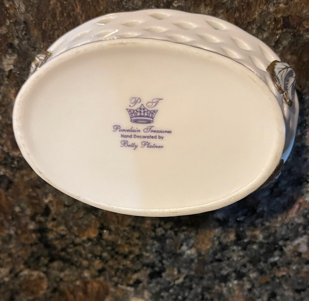 Porcelain Treasures by Betty Plater Oval Basket w/ Green Edges,Handles & Floral