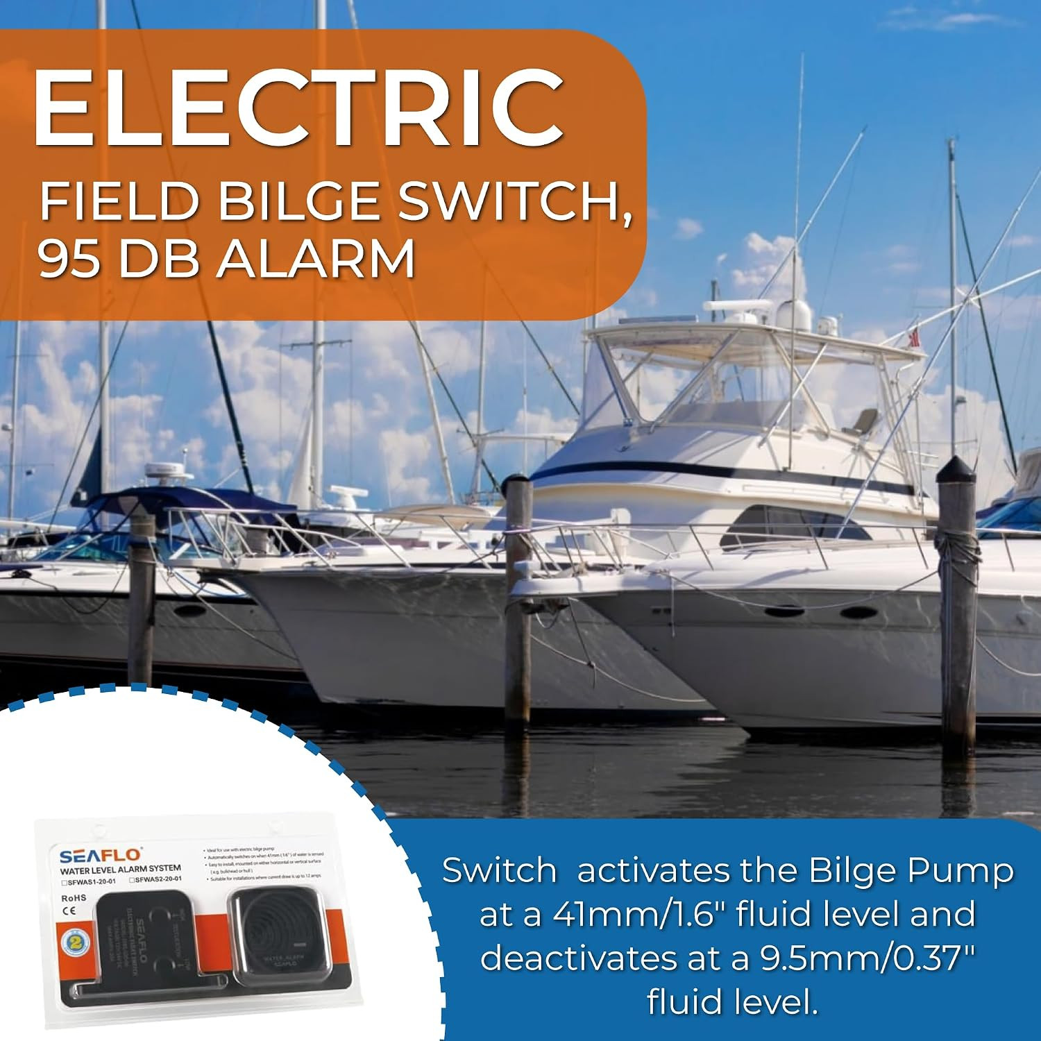 High Water Level Alarm System for Bilge - 12V, 95Db, Solid State Switch