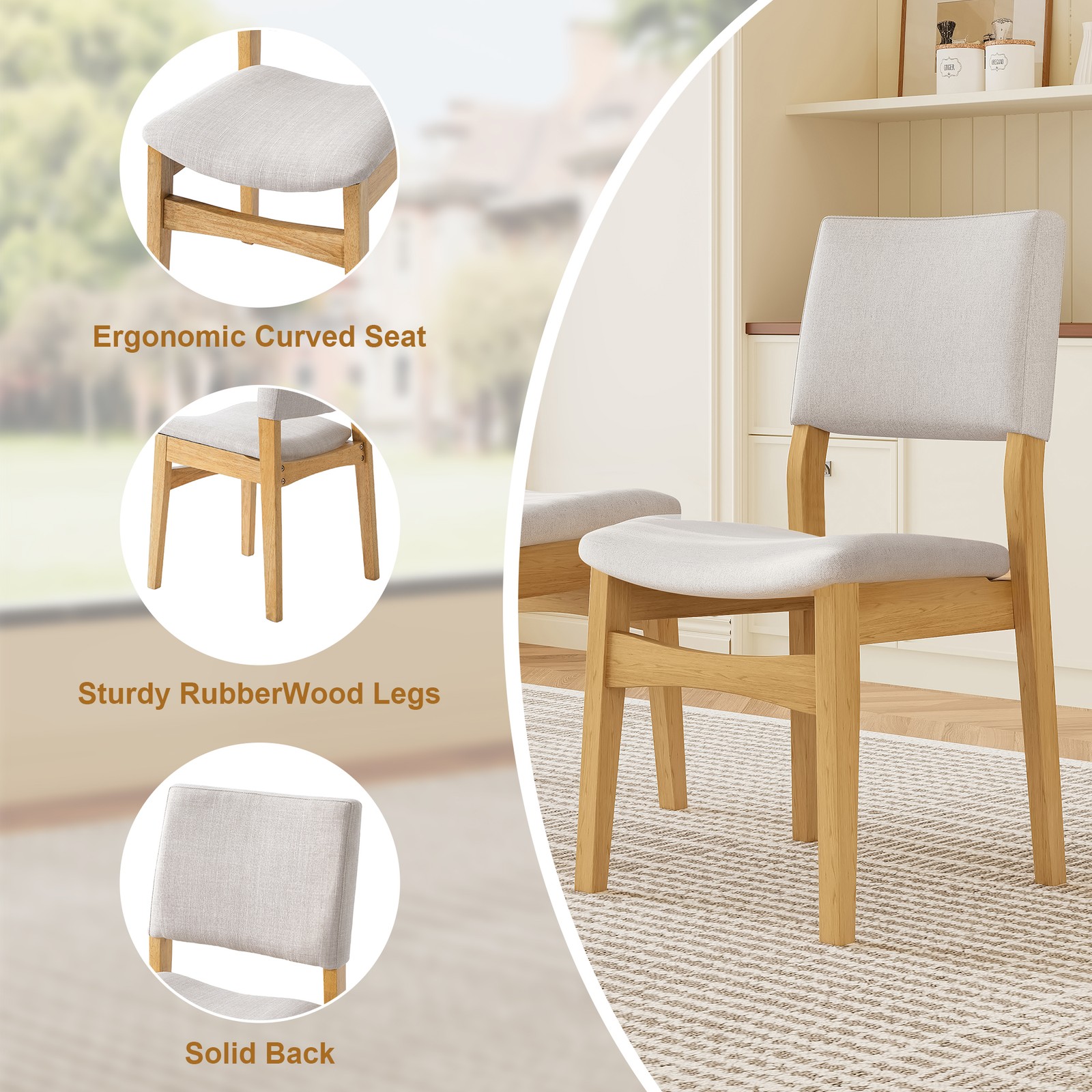 Upholstered Stackable Dining Chairs Set of 2 - Linen Fabric Seat & Backrest, S
