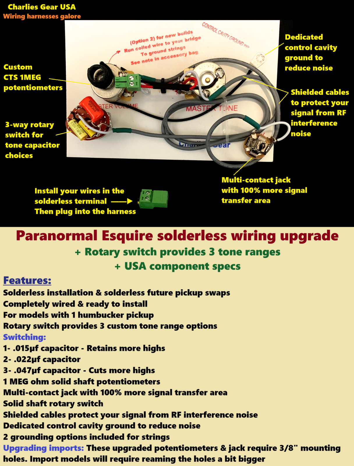 Paranormal Esquire solderless wiring upgrade +Rotary Mod for 3 Tone Ranges