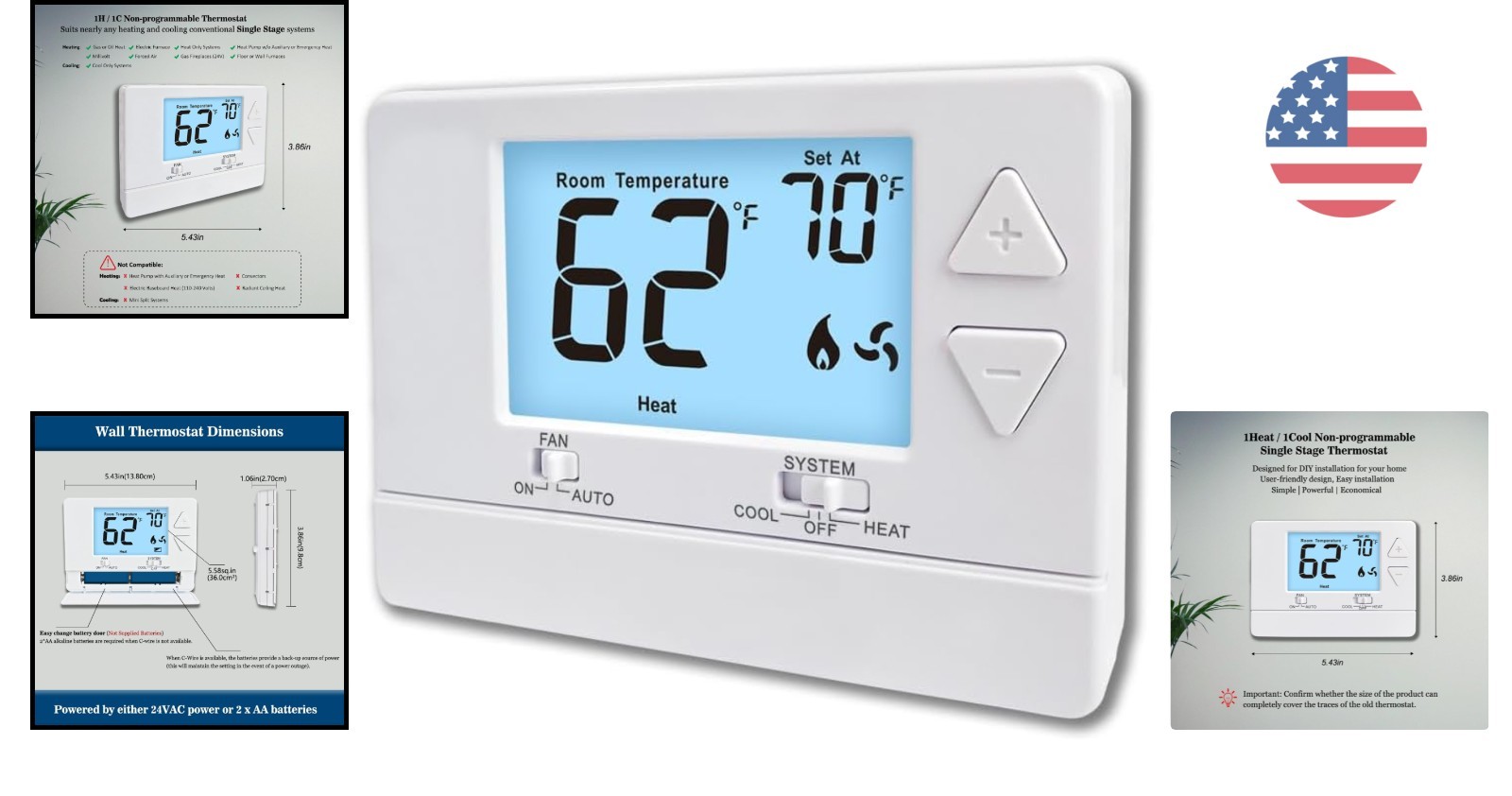 Non-Programmable Digital Thermostat with White Backlight - Energy Efficient