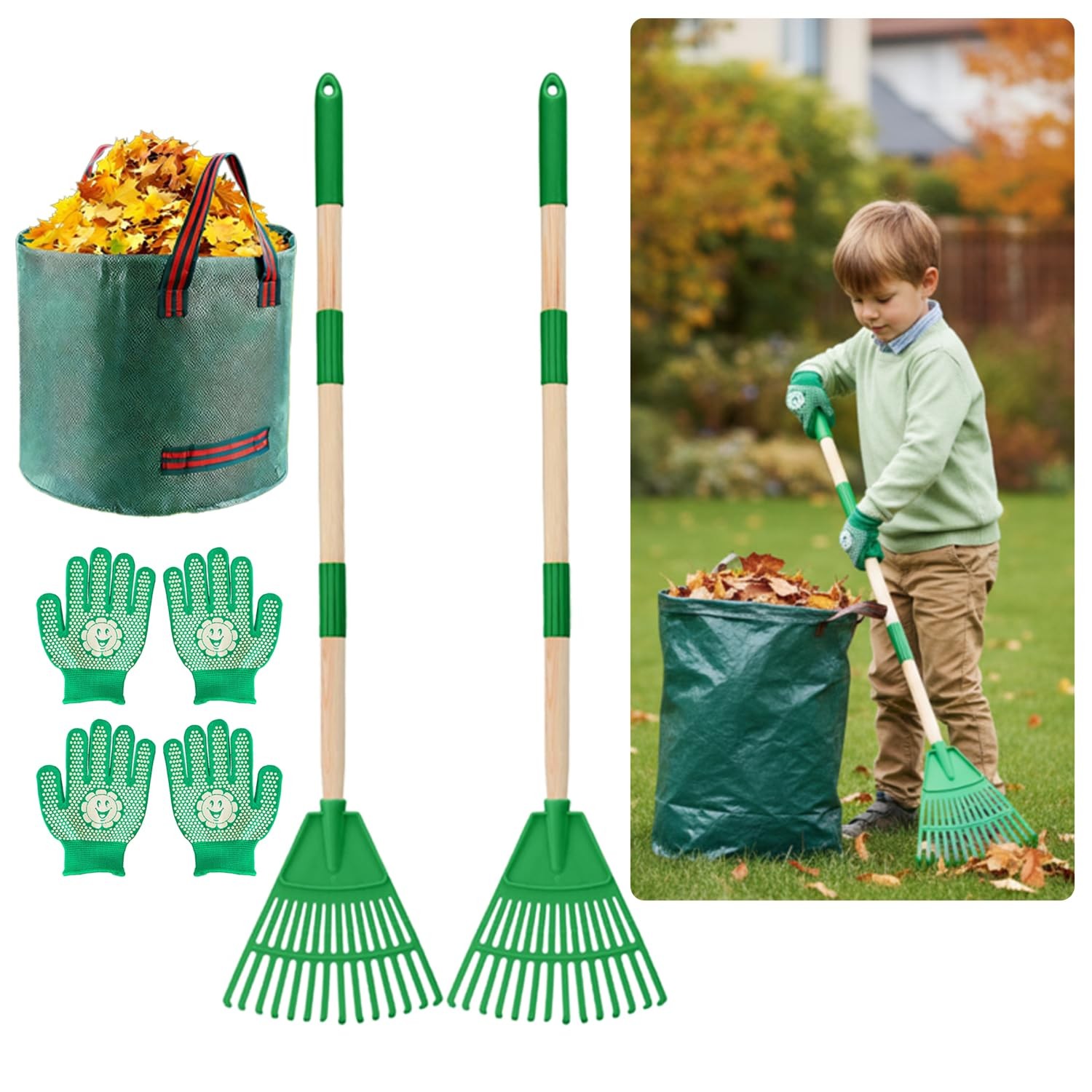 Kids Adjustable Leaf Rake Set – 28" to 34" with Gloves and Leaf Bag, 2 Pack