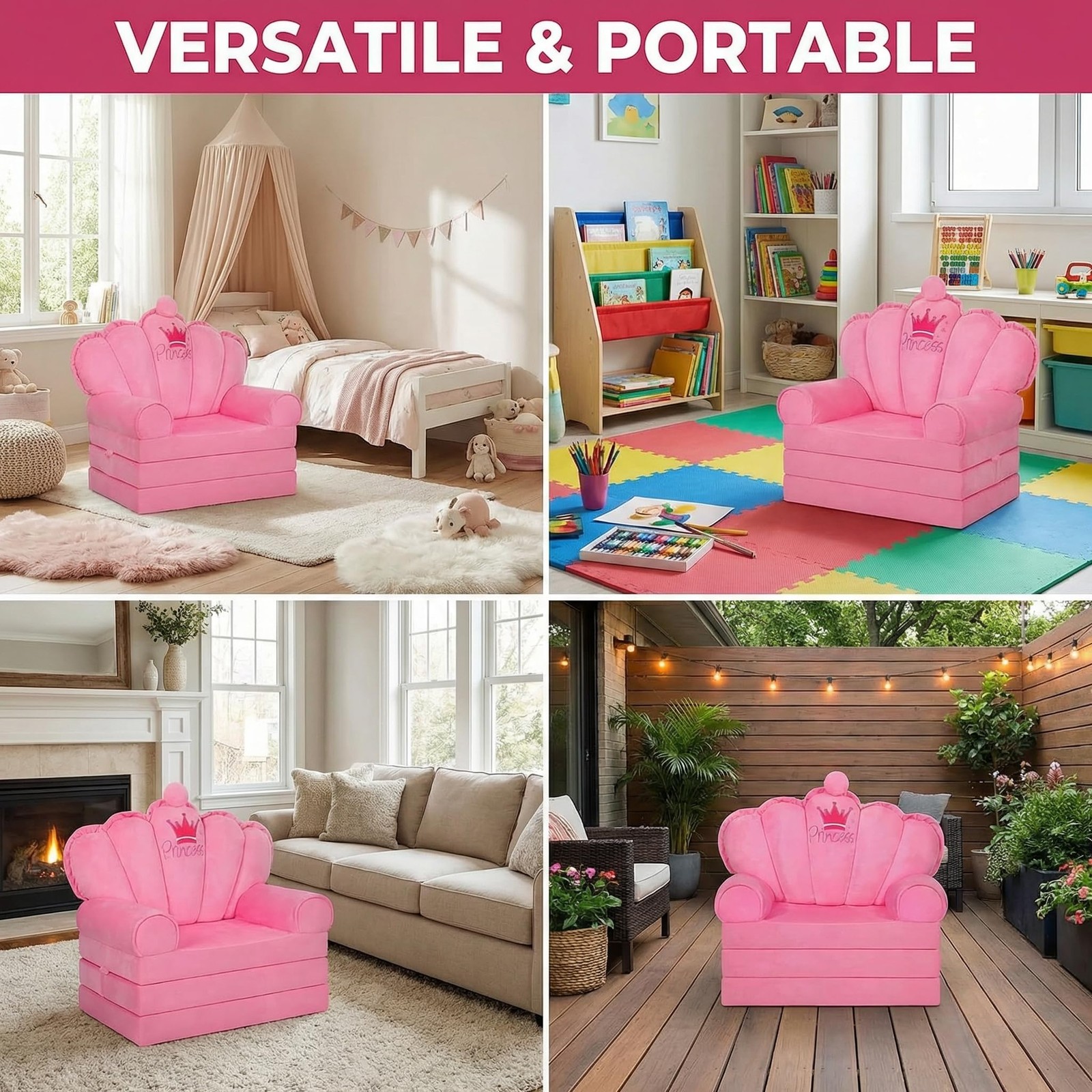 Pink Princess Toddler Couch, 2-in-1 Foldable Sofa Bed & Chair for Kids 1-5, S...