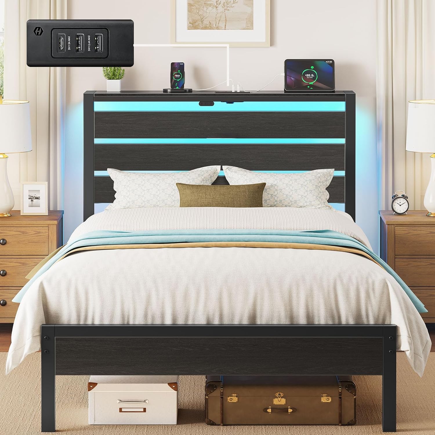 Bed Frame Twin Size W/ USB Charging Station LED Bed Frame W/ Wood Storage