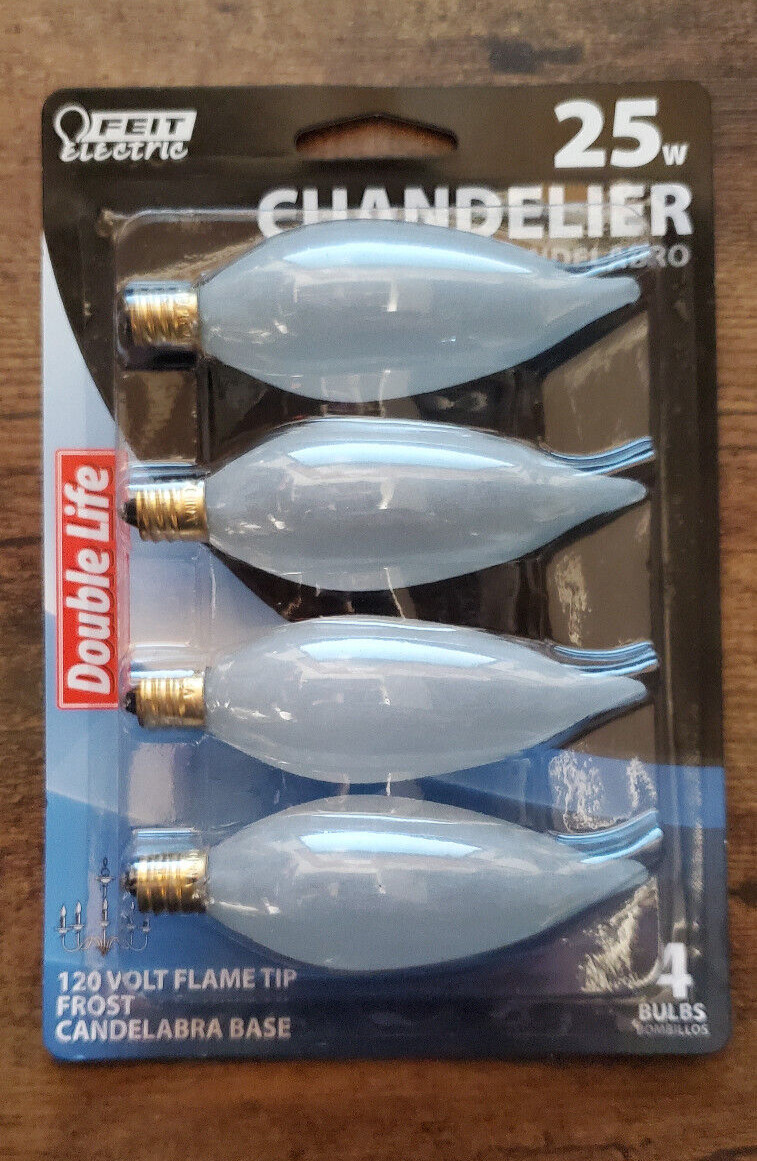 (4pk) FEIT Candelabra E12 Bulbs 25 Watt Frost Flame Tip 120V Decor Chandelier