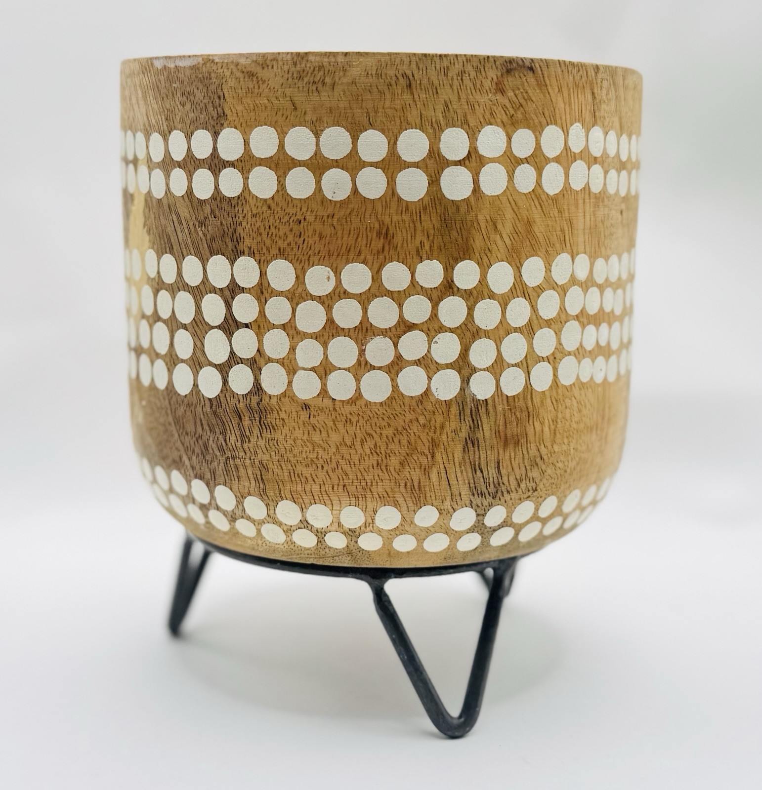 Wood Bohemian 📿 Planter 🪴 White Polka Dots Hairpin Metal Stand