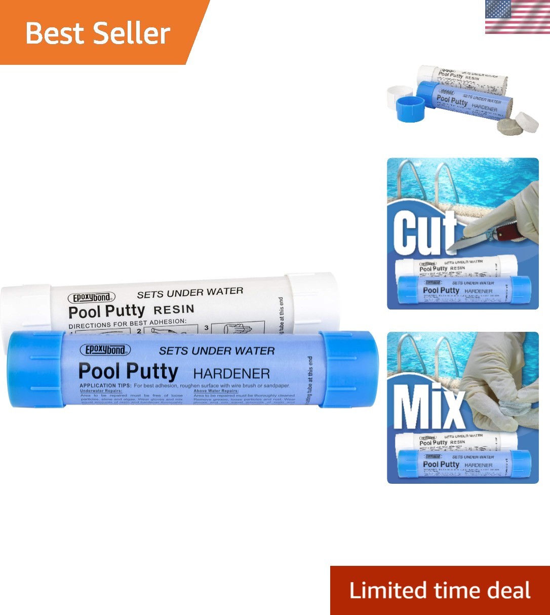 Hand-Moldable Pool Repair Putty, Works Underwater - 2-Part Set for Quick Fixes