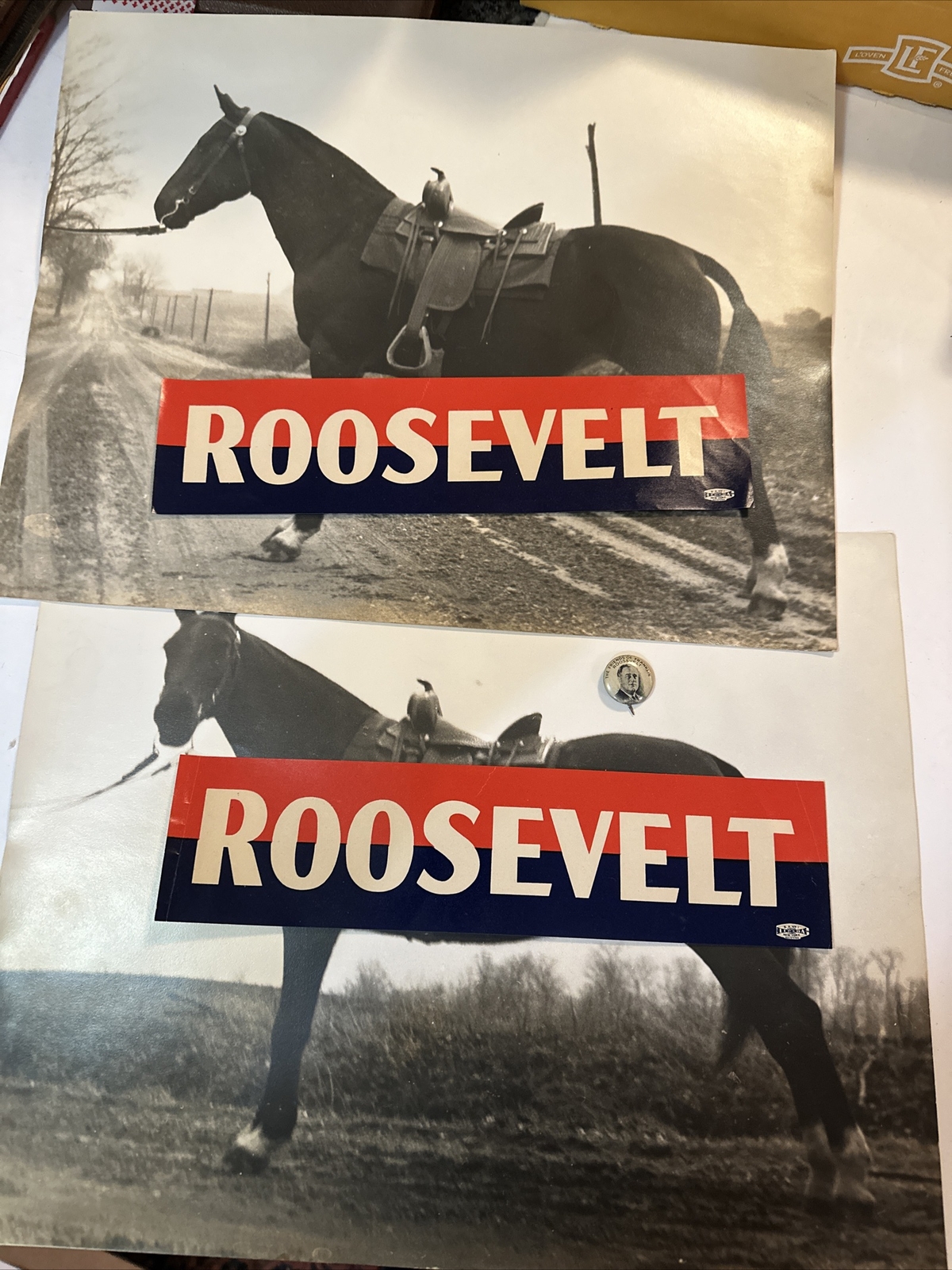 1932 "FRIENDS of FRANKLIN ROOSEVELT" PRESIDENTIAL Pinback 2 Decals & Horse Photo