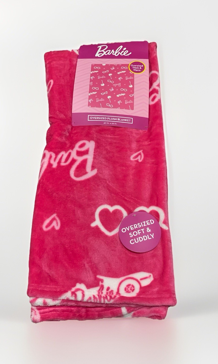 NEW Multi-Images BARBIE Pink Oversized Soft & Cuddly Plush Blanket 40in x 5Oin