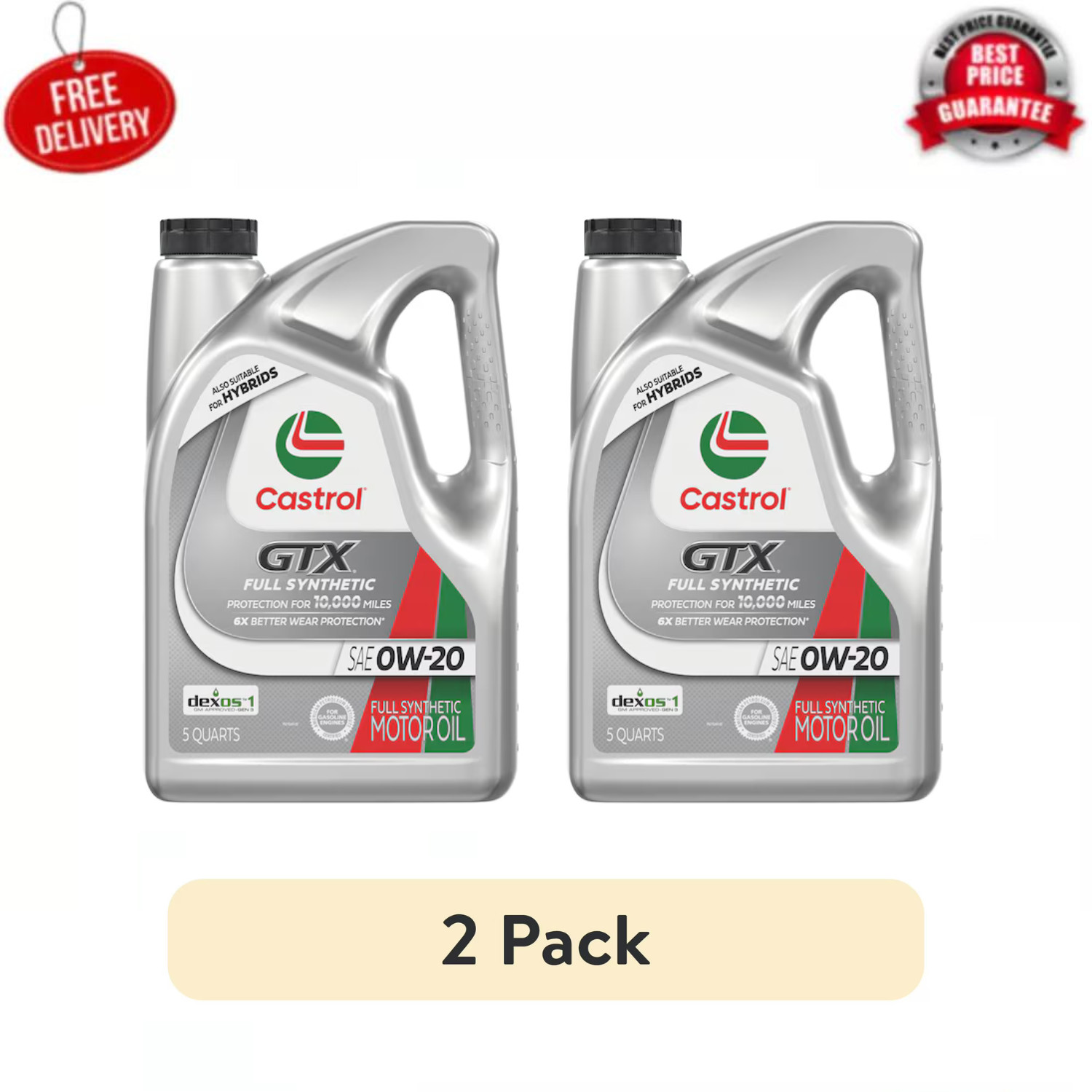 (2 pack) Castrol GTX Full Synthetic 0W-20 Motor Oil, 5 Quarts - FREE SHIPPING