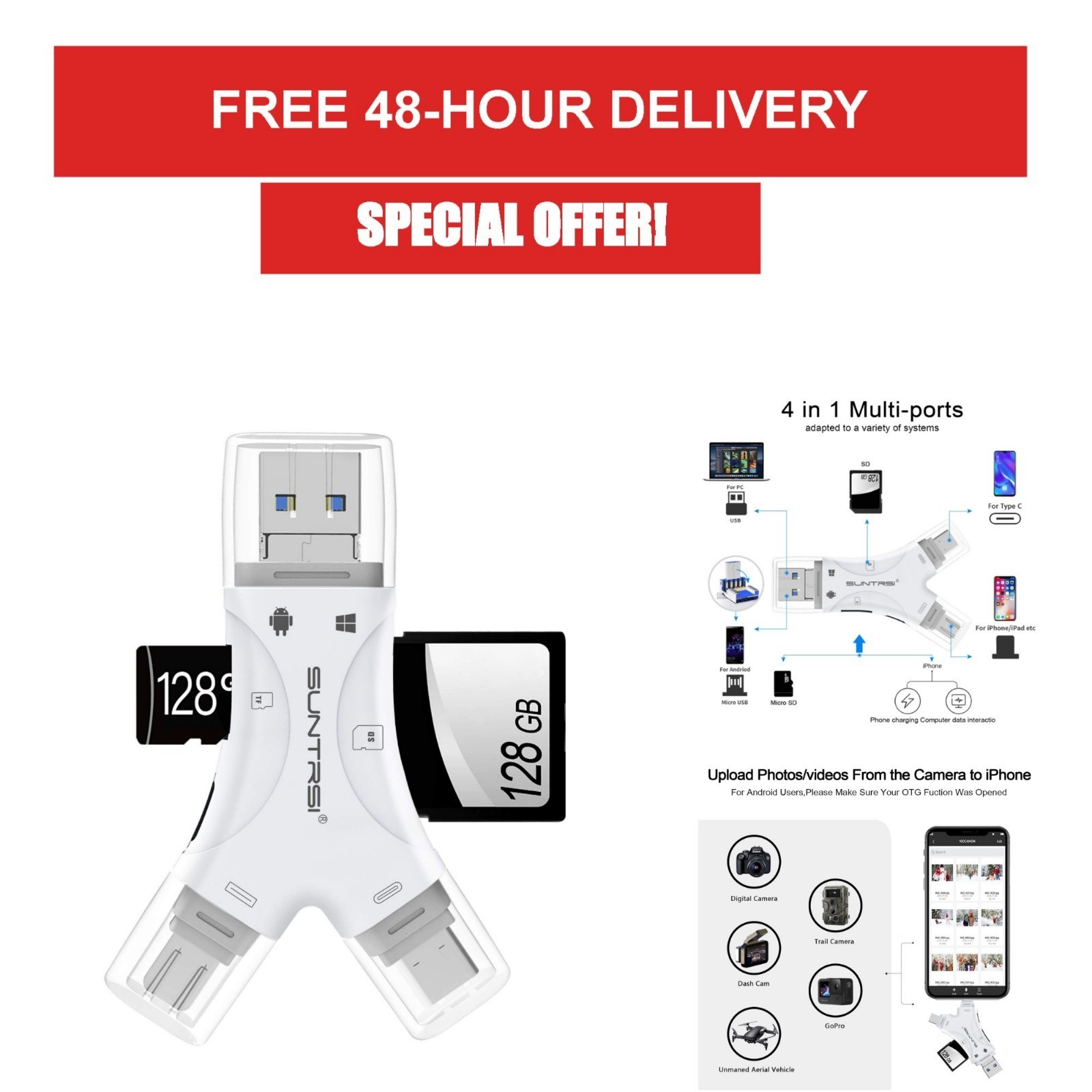 4 in 1 SD Card Reader for iPhone/iPad/Android/Mac - USB Type C Adapter