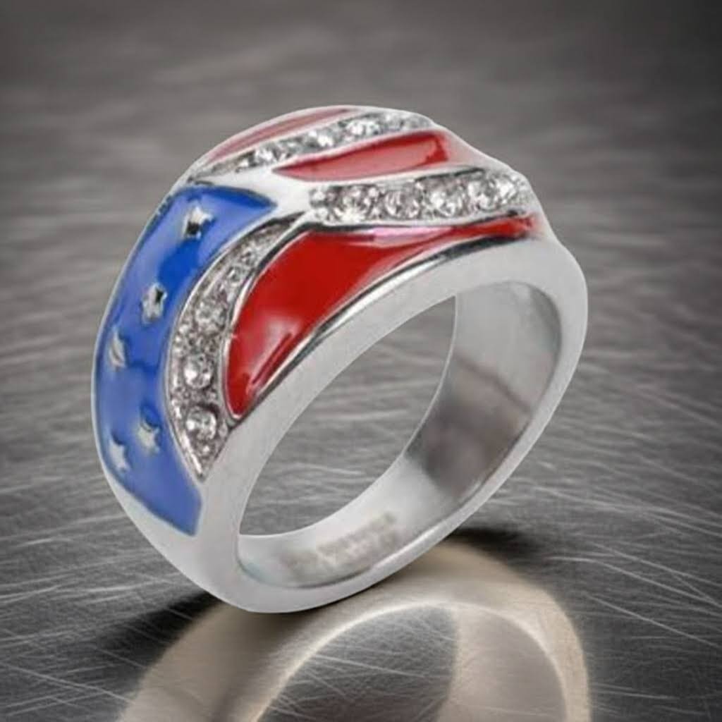 Ladies Cystal American Flag Ring Stainless Steel Patriotic Jewelry 4